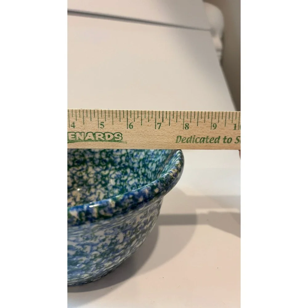 Vintage Spongeware Stoneware Bowl Blue Green Speckled Ceramic with 6 Faux Apples